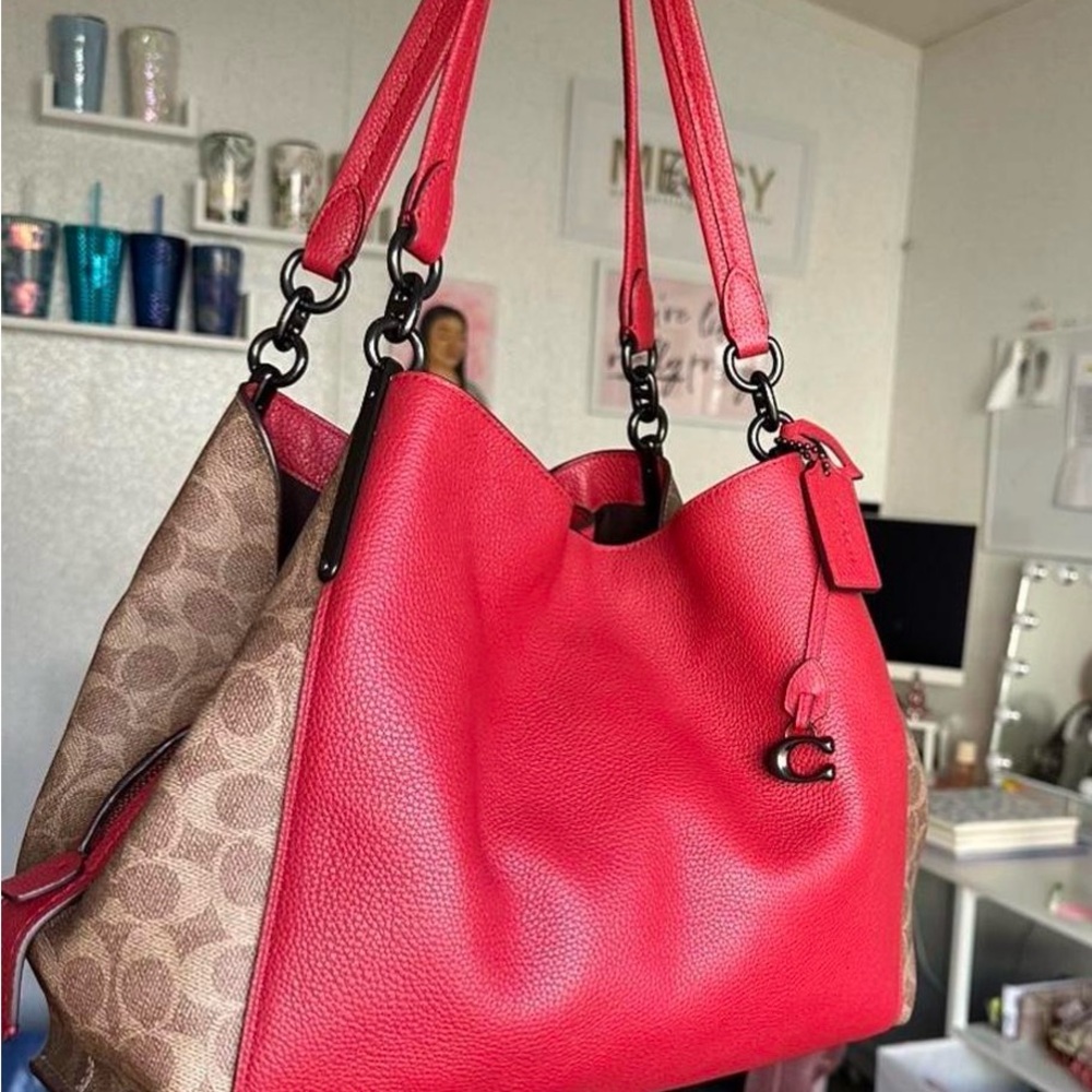 Coach Dalton Pebbled Leather & Signature Tote Bag in Red